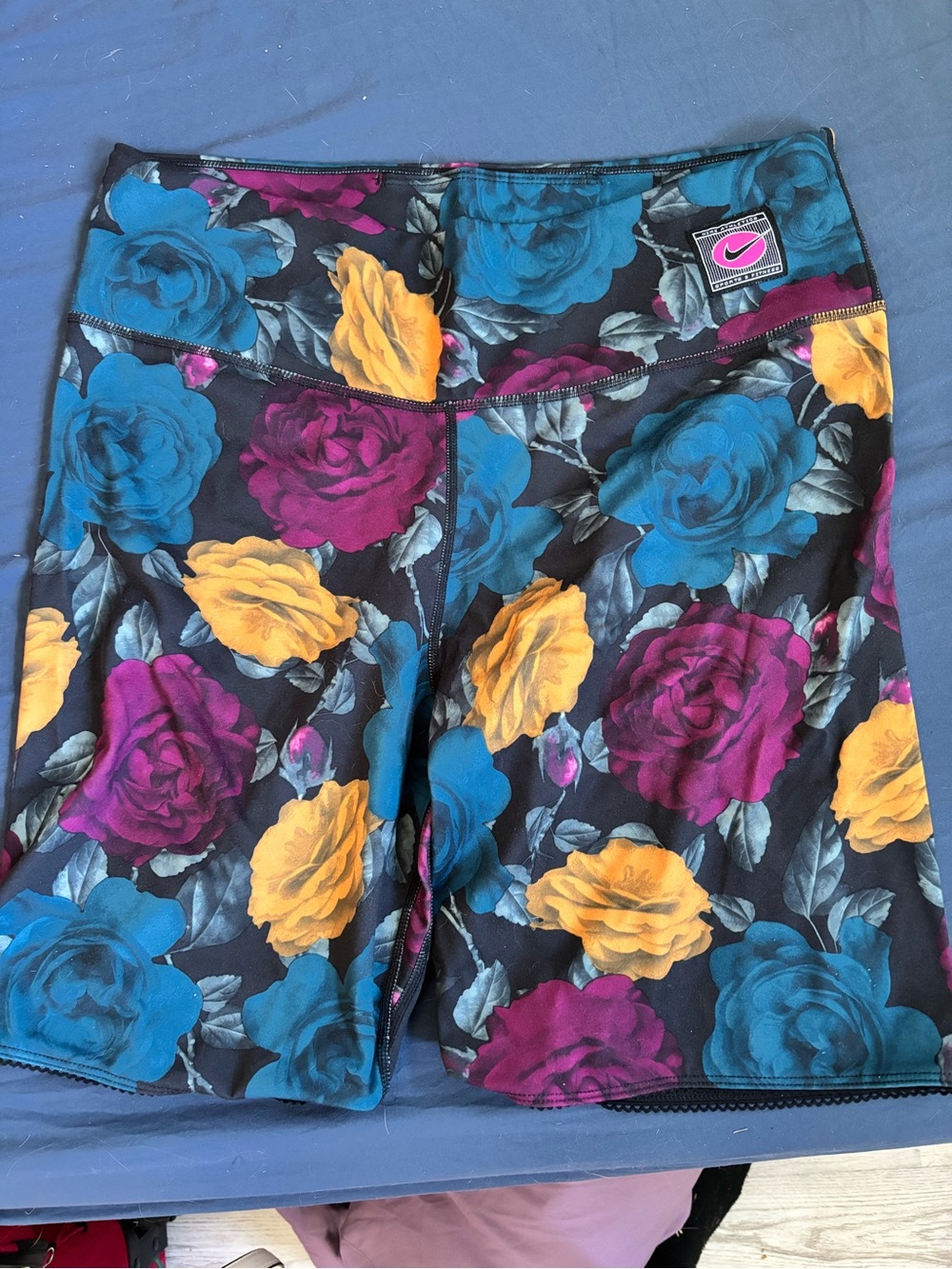 Nike Women’s Floral Bike Shorts — Black with Blue, Purple & Yellow Roses